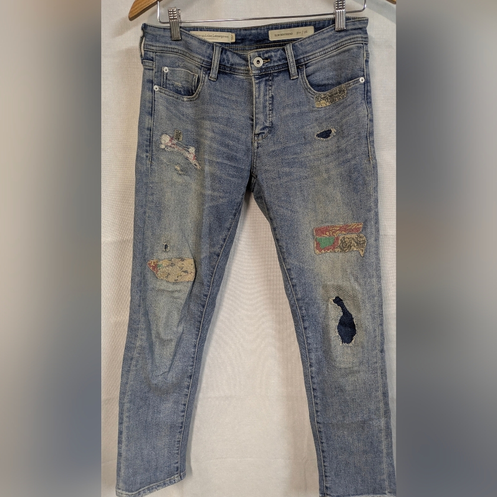 Anthropologie Blue Straight Leg Jeans with Patchwork